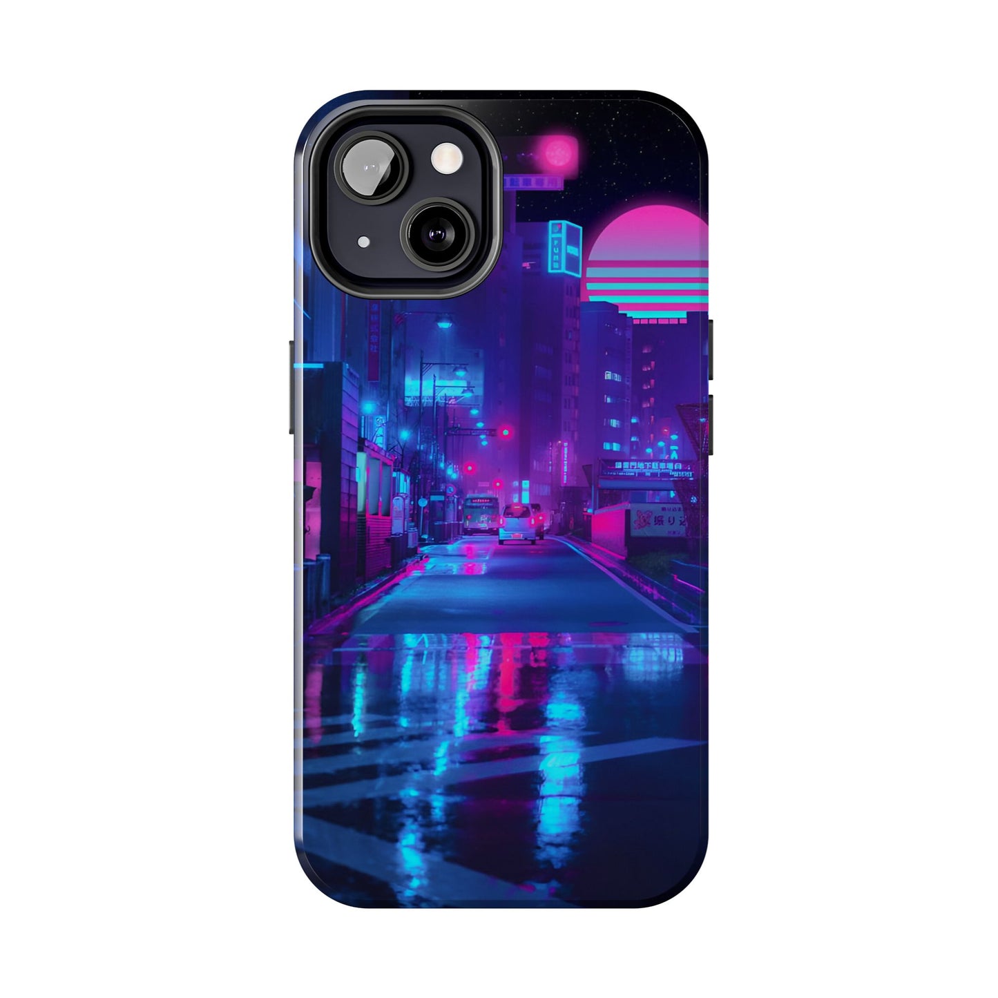 Cyberpunk Street, Dystopian Cyberpunk themed Phone Case with Lofi Aesthetic and Robotic Vaporwave Landscape