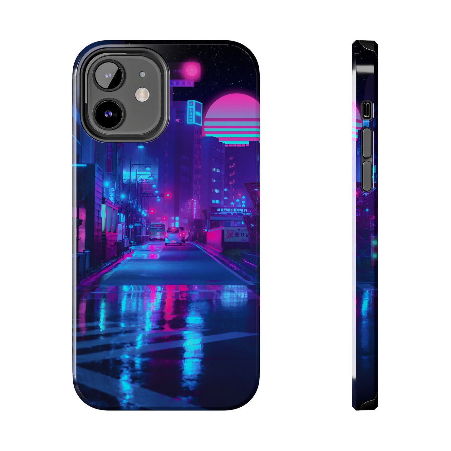 Cyberpunk Street, Dystopian Cyberpunk themed Phone Case with Lofi Aesthetic and Robotic Vaporwave Landscape