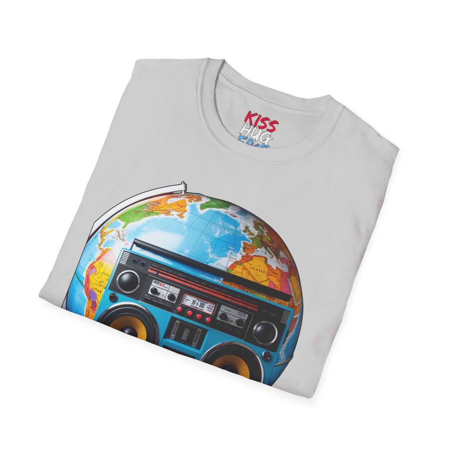 World Globe Travel Map and 1980s Boom Box - Nostalgia Mashup Travel Wear Tee