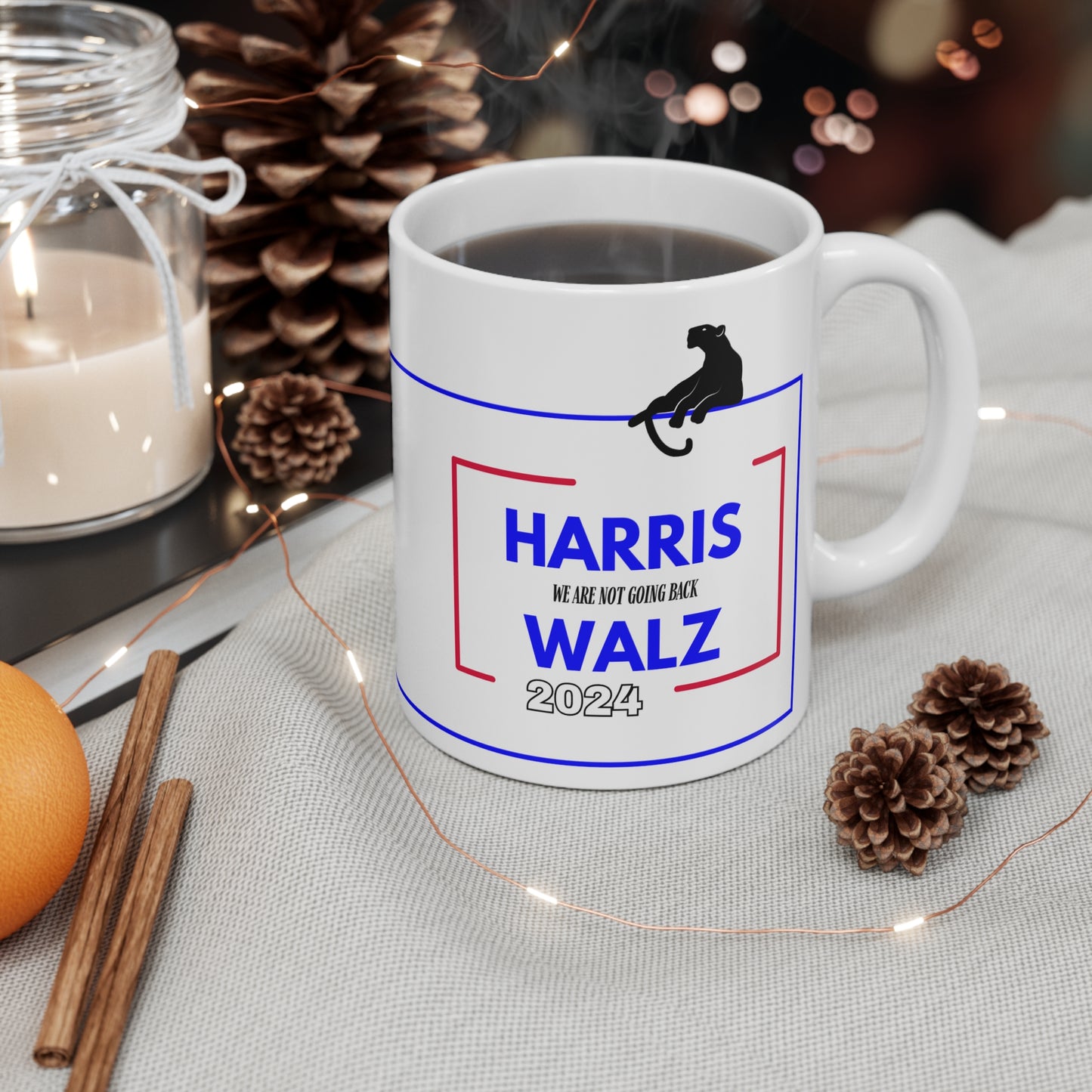 Coffee Mug - Kamala Harris and Tim Walz 2024 Presidential Election Campaign 11 oz with Big Cat Design