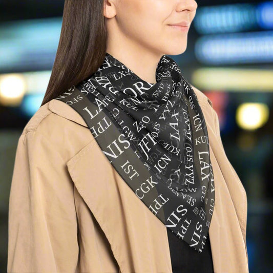 Poly Scarf Black with Best International Airports, IATA Codes,Travel Gift, Travel Accessories