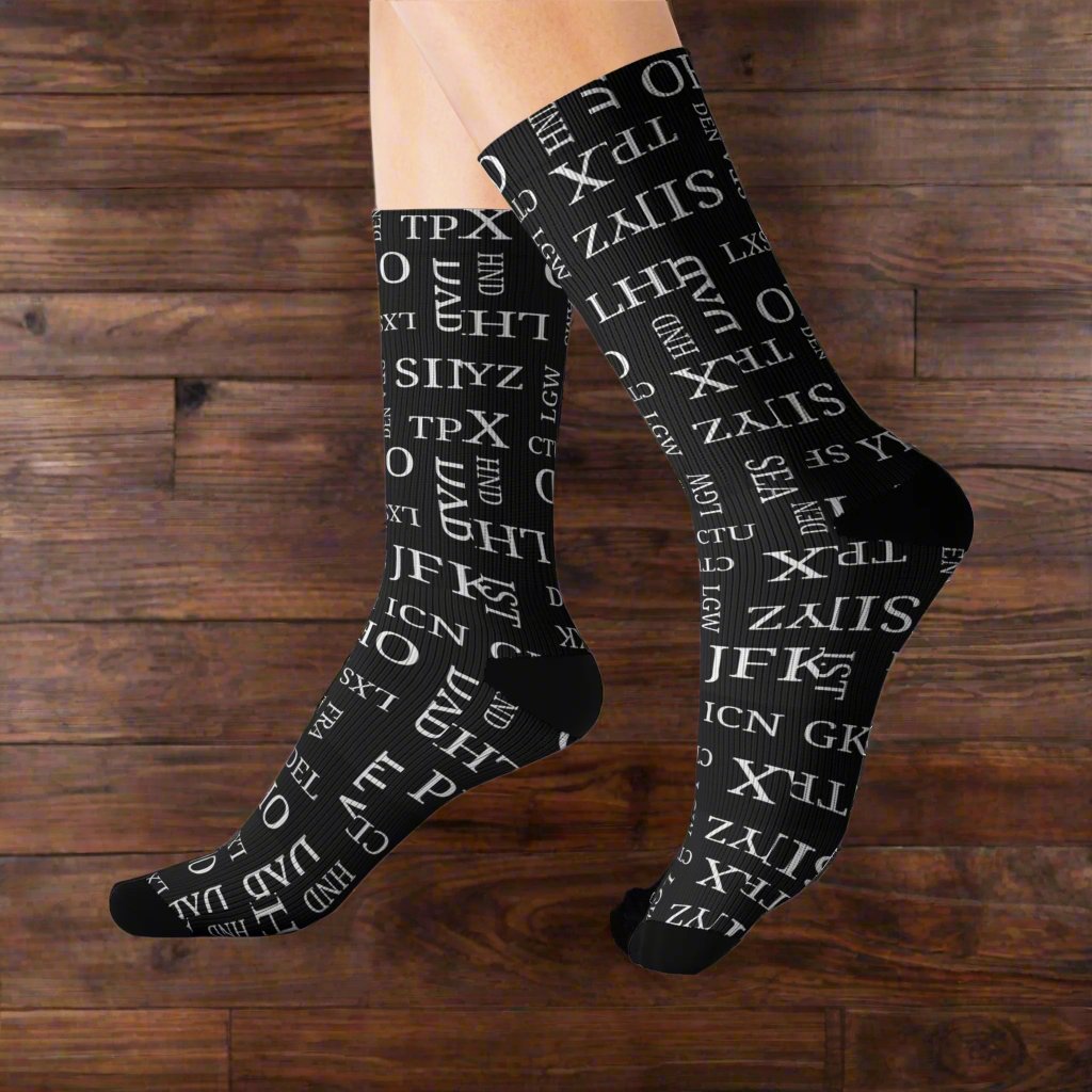 Conversation Starting Cushy Travel Socks With Airport Code Pattern