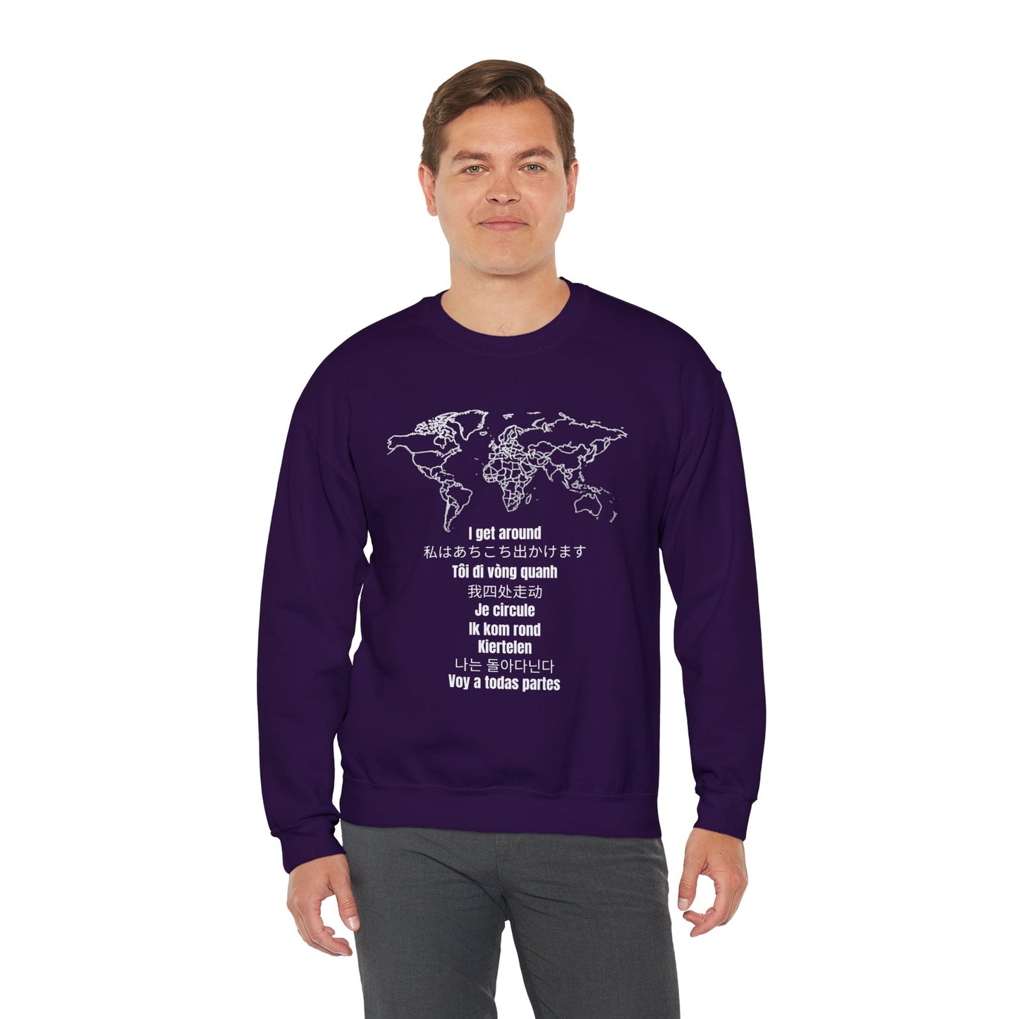 Crewneck World Map Sweatshirt- "I Get Around" Travel Lover, Front and Back Design