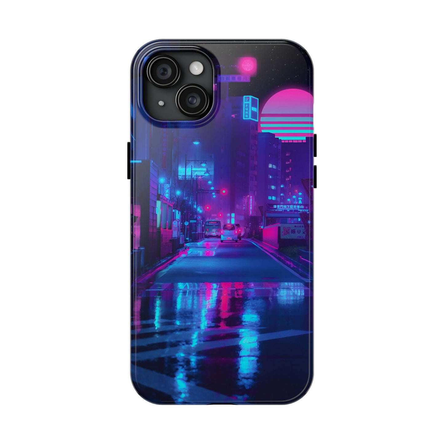 Cyberpunk Street, Dystopian Cyberpunk themed Phone Case with Lofi Aesthetic and Robotic Vaporwave Landscape