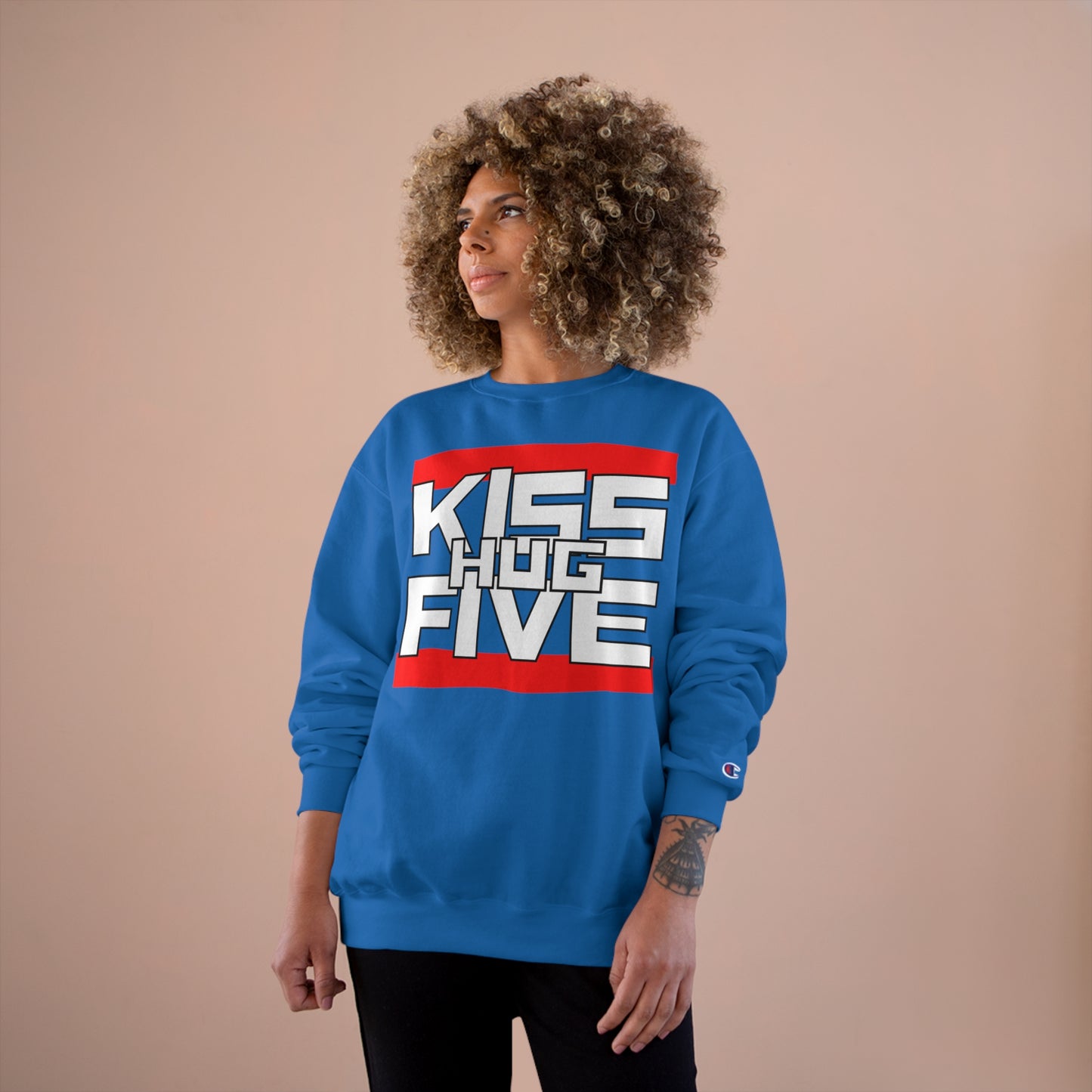 Premium Champion Sweatshirt by KissHugFive Design, Colorful Logo and Front & Back Printing