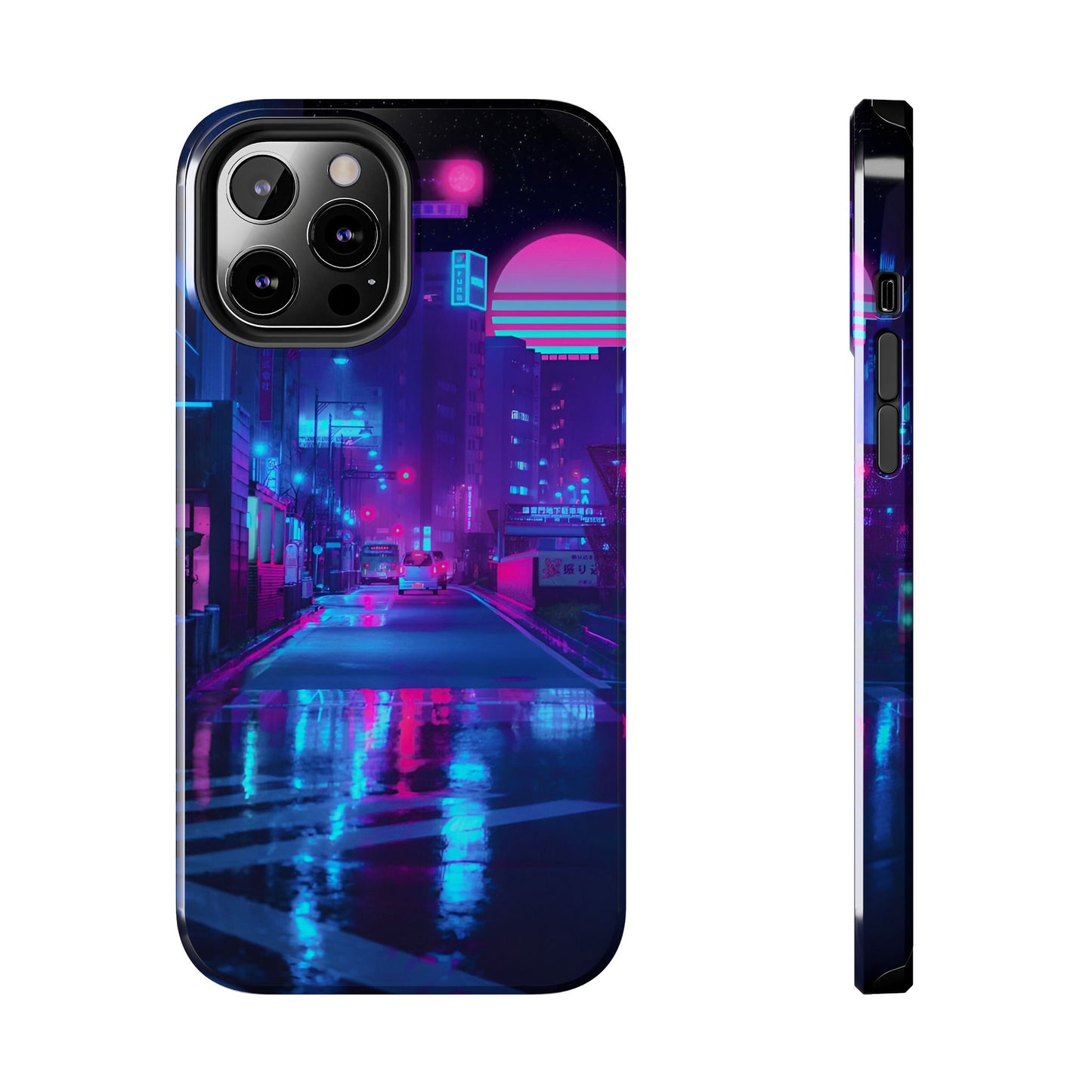 Cyberpunk Street, Dystopian Cyberpunk themed Phone Case with Lofi Aesthetic and Robotic Vaporwave Landscape