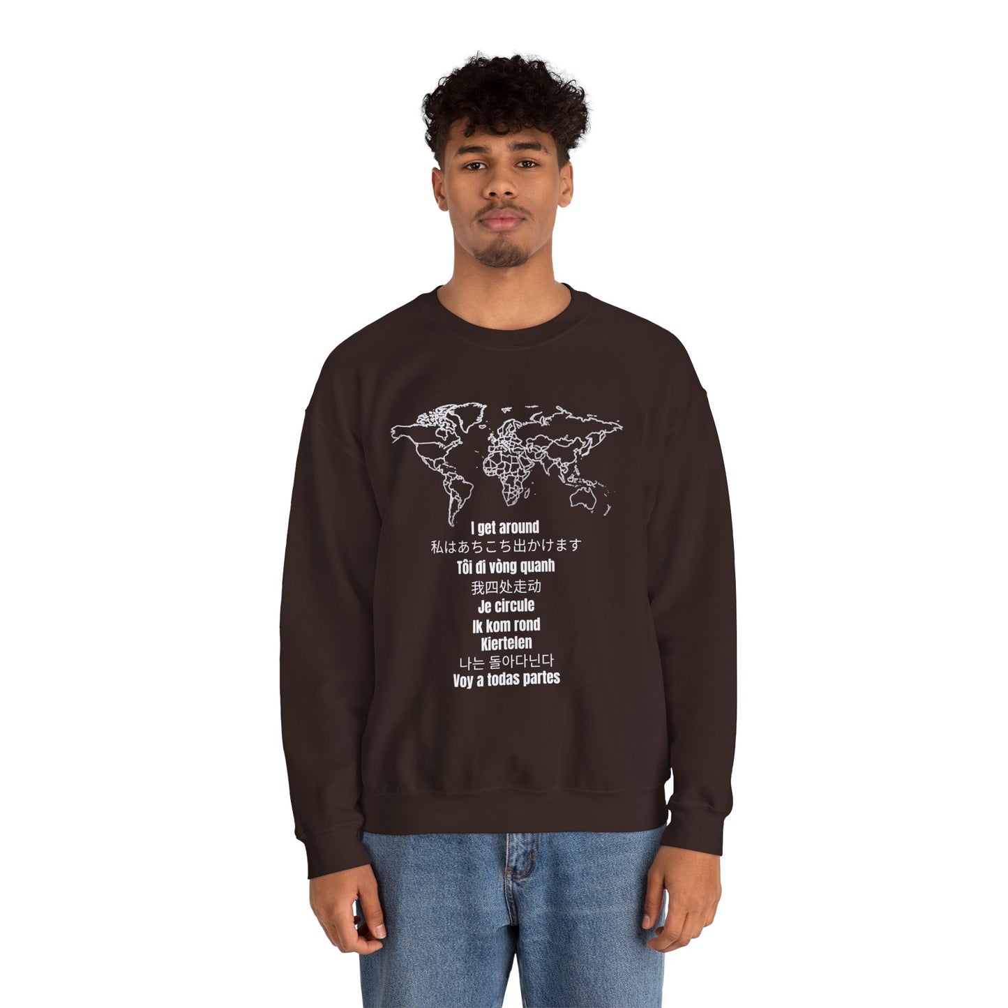 Crewneck World Map Sweatshirt- "I Get Around" Travel Lover, Front and Back Design