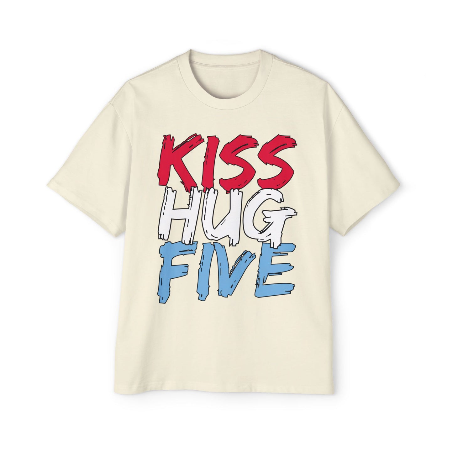 KissHugFive Red, White and Light Blue Men's Heavy Oversized Travel Tee, Front and Back Printing