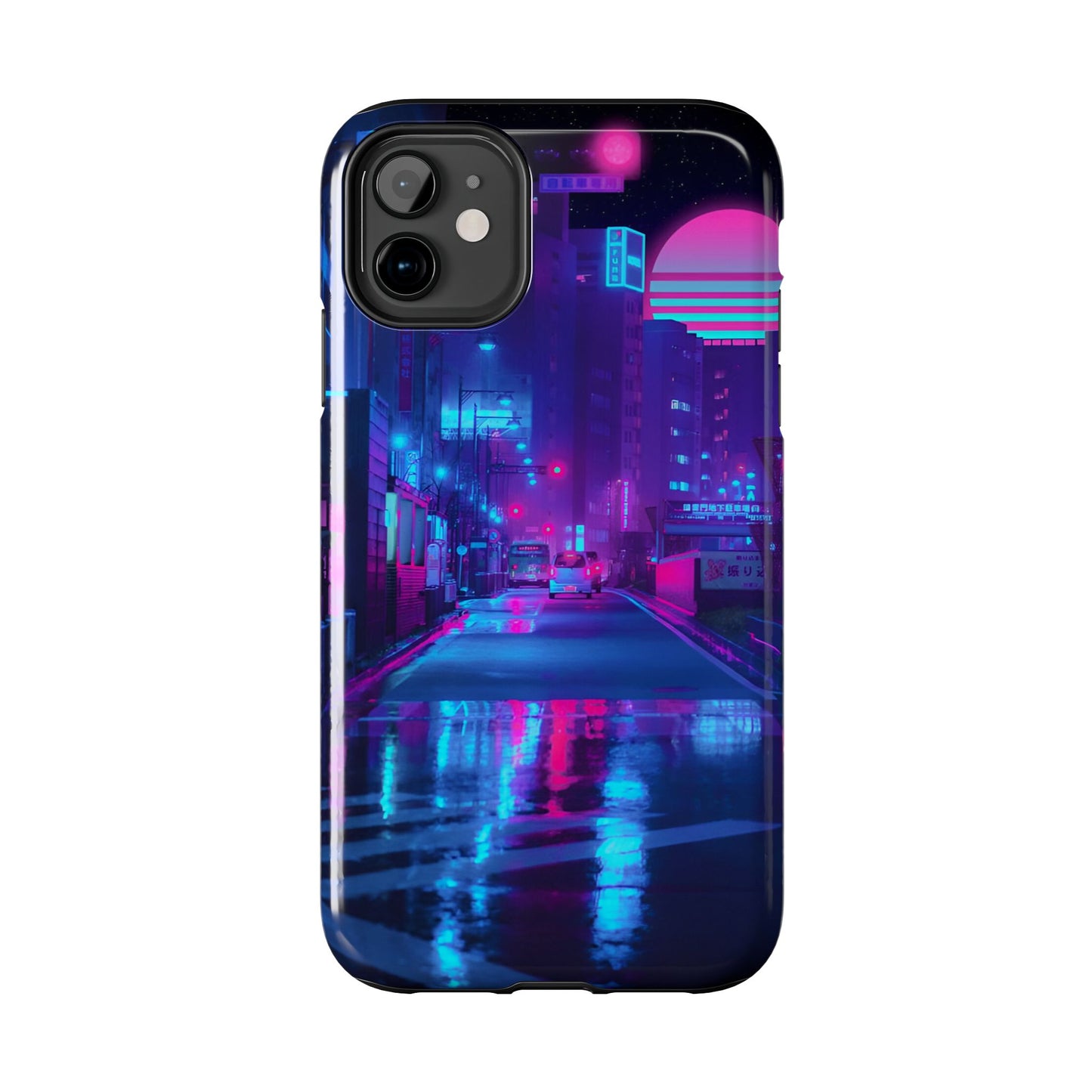 Cyberpunk Street, Dystopian Cyberpunk themed Phone Case with Lofi Aesthetic and Robotic Vaporwave Landscape