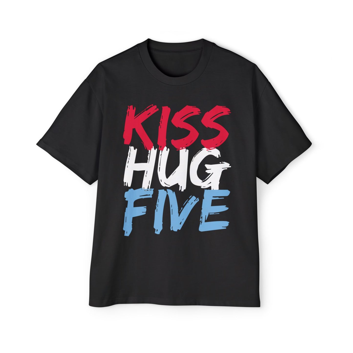 KissHugFive Red, White and Light Blue Men's Heavy Oversized Travel Tee, Front and Back Printing