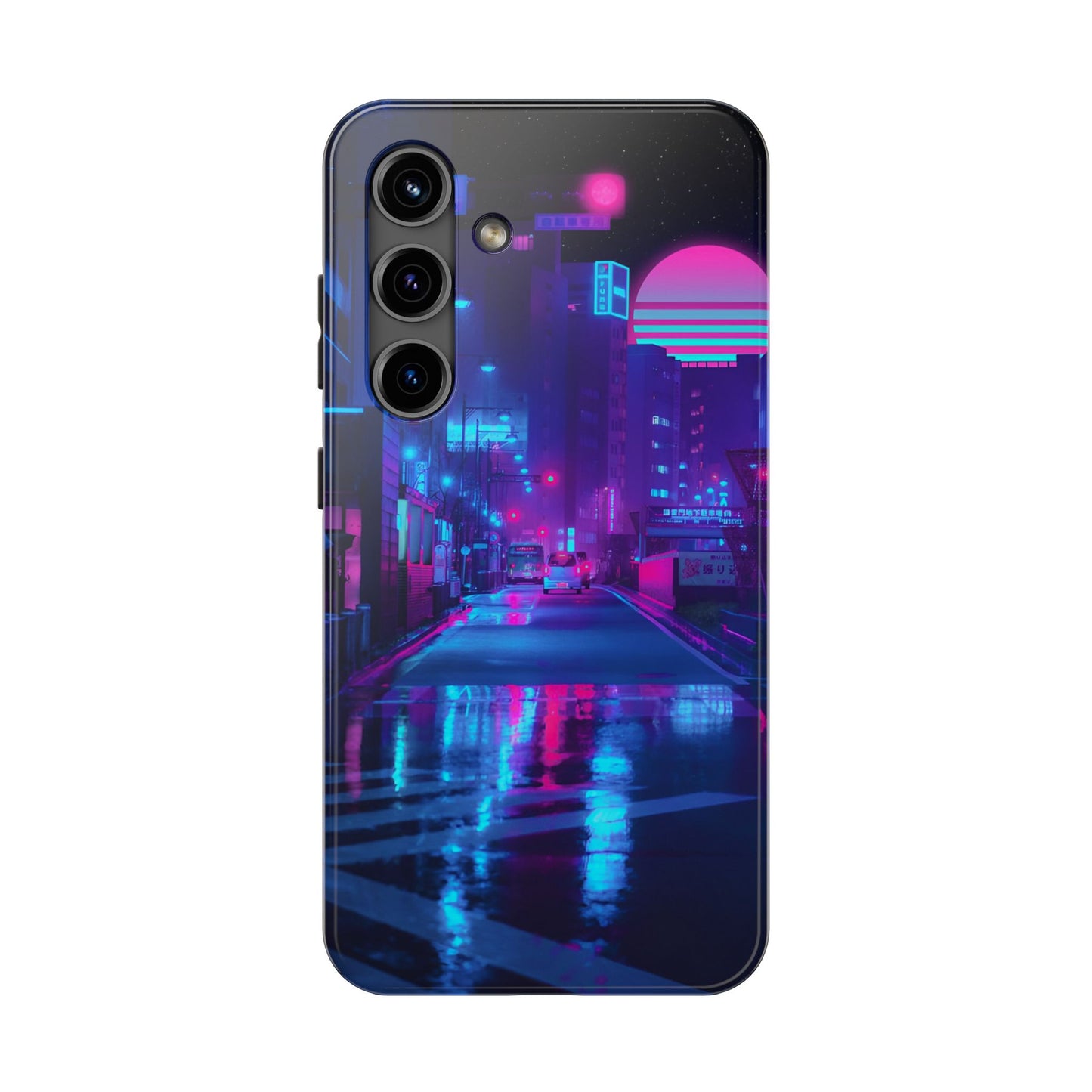 Cyberpunk Street, Dystopian Cyberpunk themed Phone Case with Lofi Aesthetic and Robotic Vaporwave Landscape