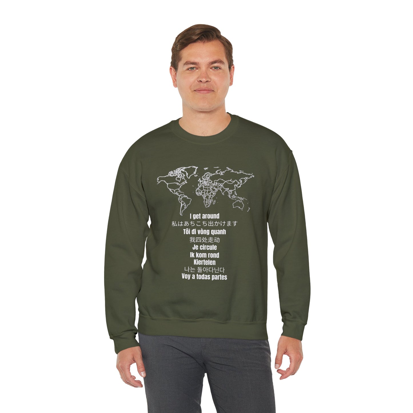 Crewneck World Map Sweatshirt- "I Get Around" Travel Lover, Front and Back Design