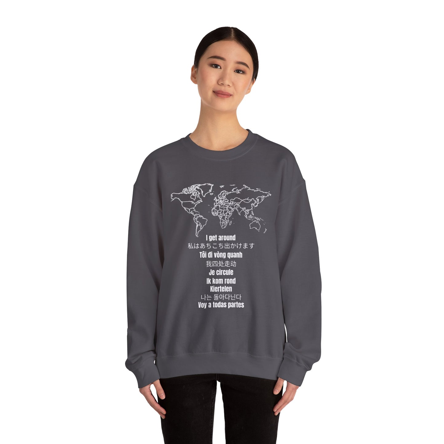 Crewneck World Map Sweatshirt- "I Get Around" Travel Lover, Front and Back Design