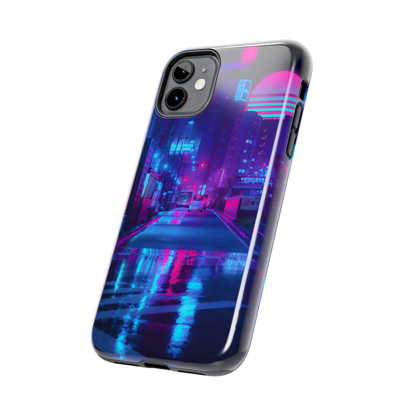 Cyberpunk Street, Dystopian Cyberpunk themed Phone Case with Lofi Aesthetic and Robotic Vaporwave Landscape