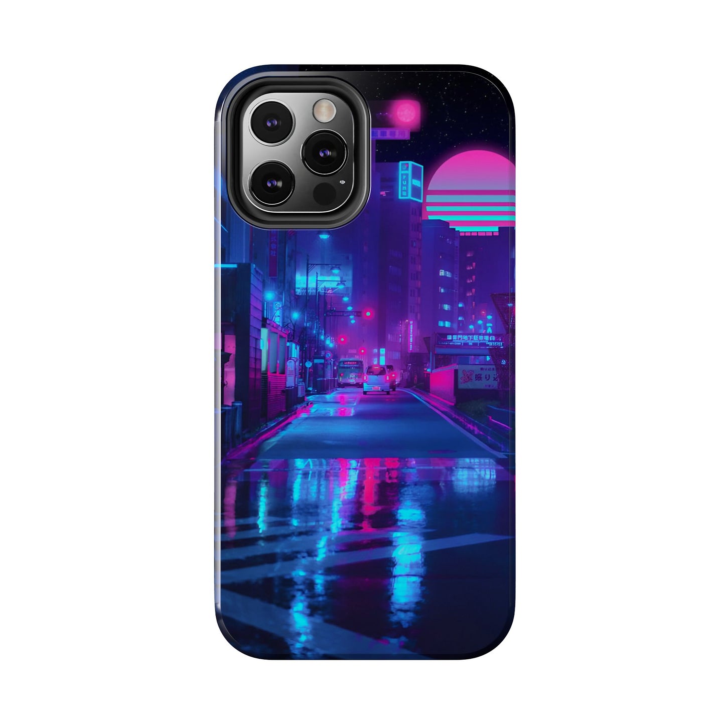 Cyberpunk Street, Dystopian Cyberpunk themed Phone Case with Lofi Aesthetic and Robotic Vaporwave Landscape