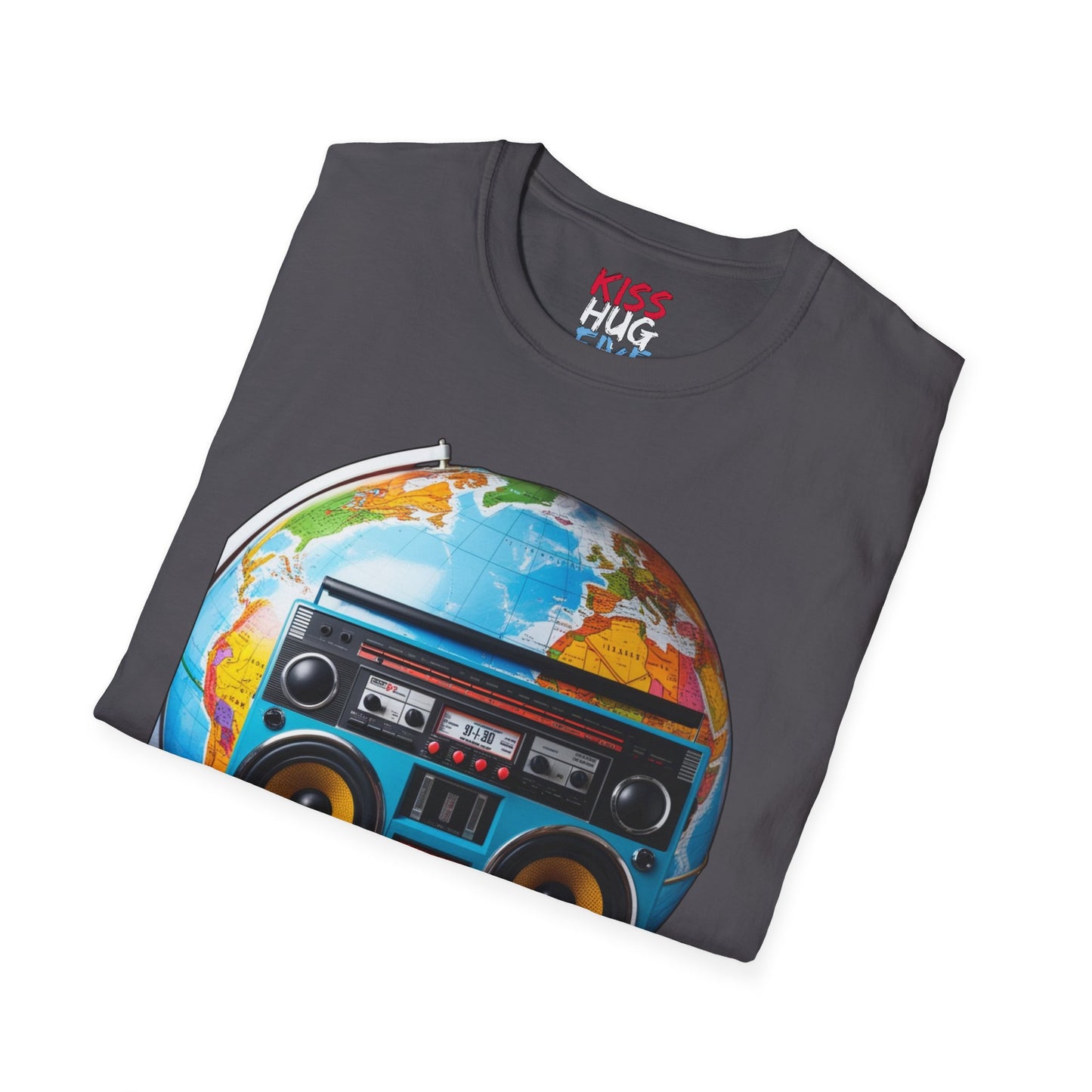 World Globe Travel Map and 1980s Boom Box - Nostalgia Mashup Travel Wear Tee