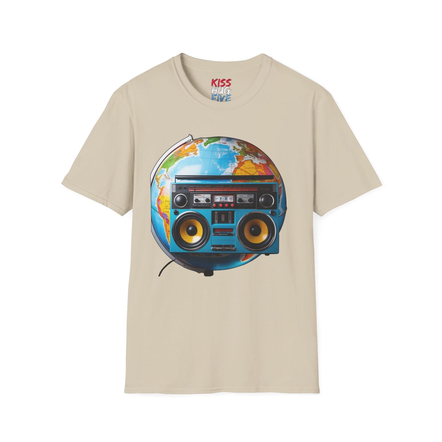 World Globe Travel Map and 1980s Boom Box - Nostalgia Mashup Travel Wear Tee