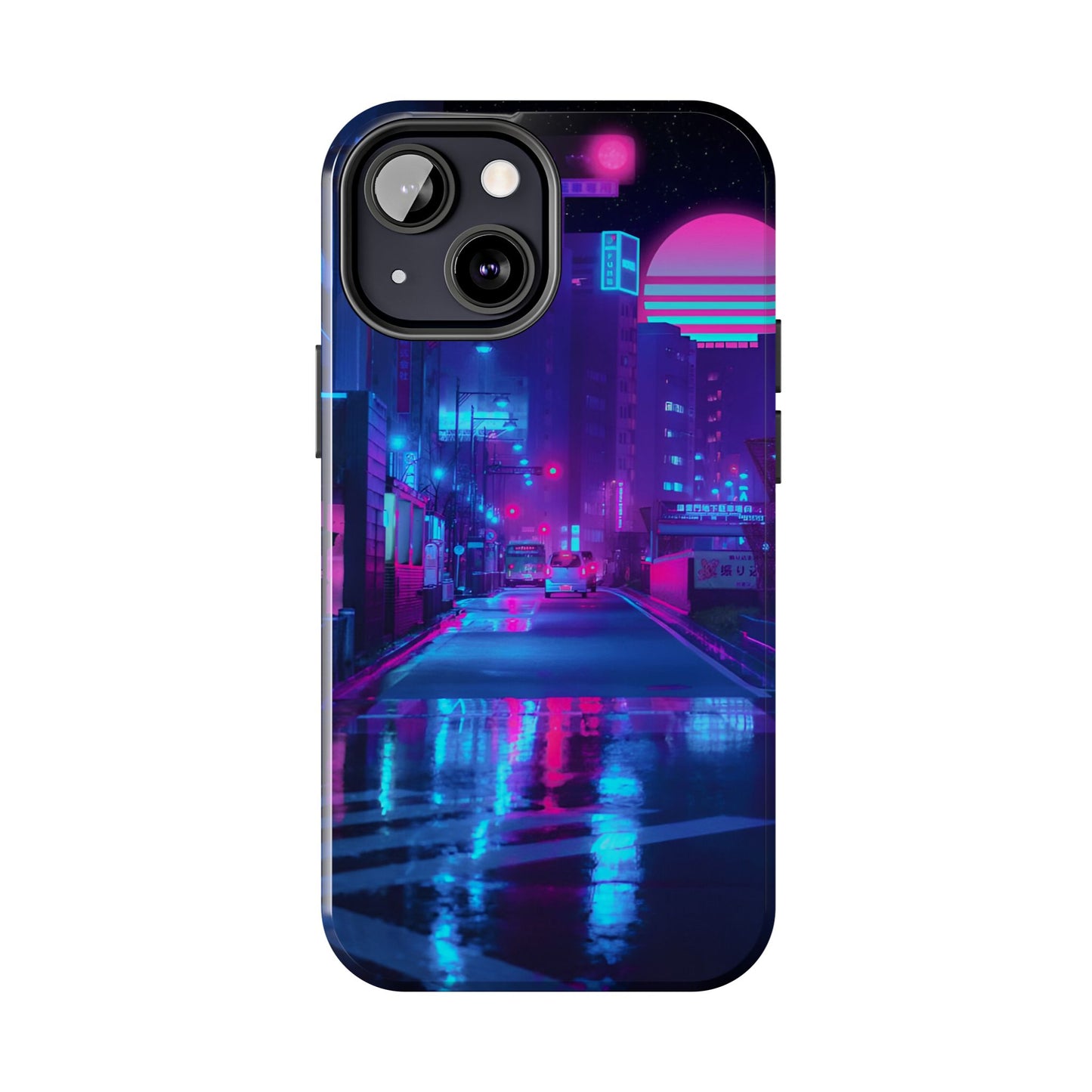 Cyberpunk Street, Dystopian Cyberpunk themed Phone Case with Lofi Aesthetic and Robotic Vaporwave Landscape