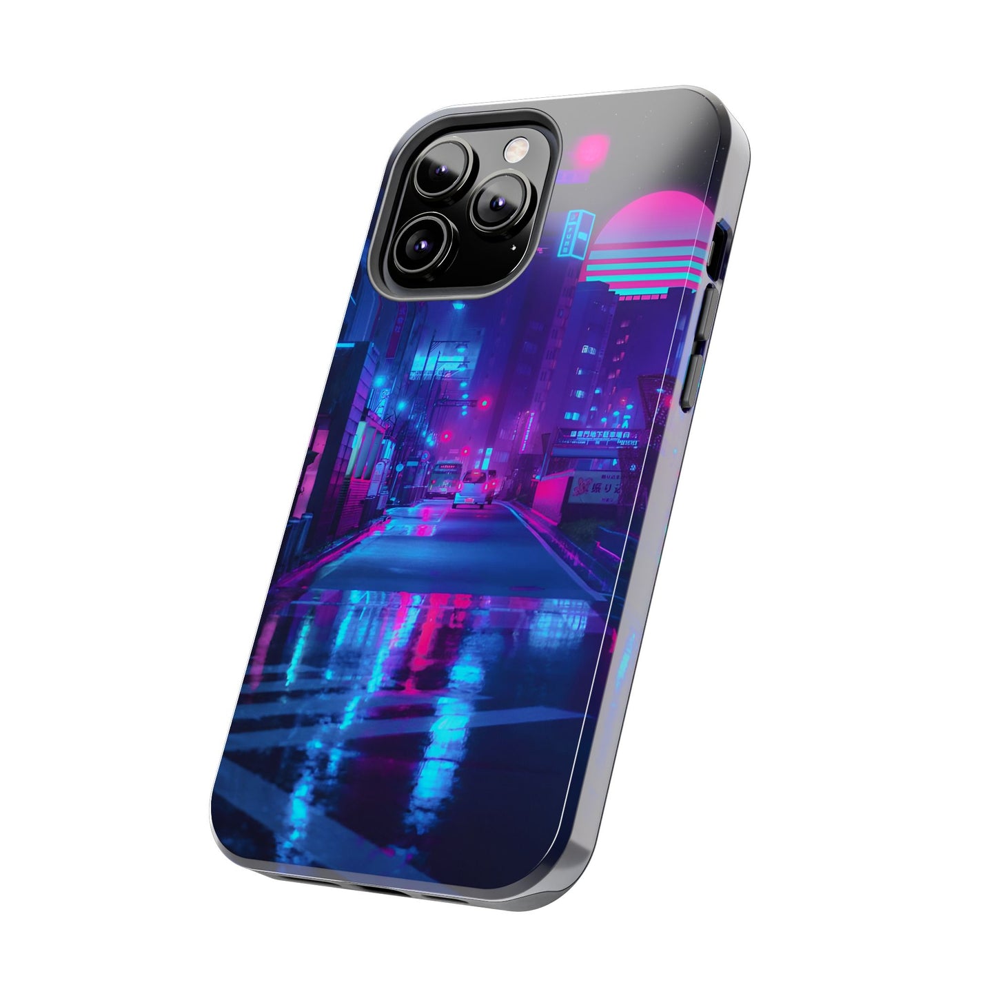 Cyberpunk Street, Dystopian Cyberpunk themed Phone Case with Lofi Aesthetic and Robotic Vaporwave Landscape