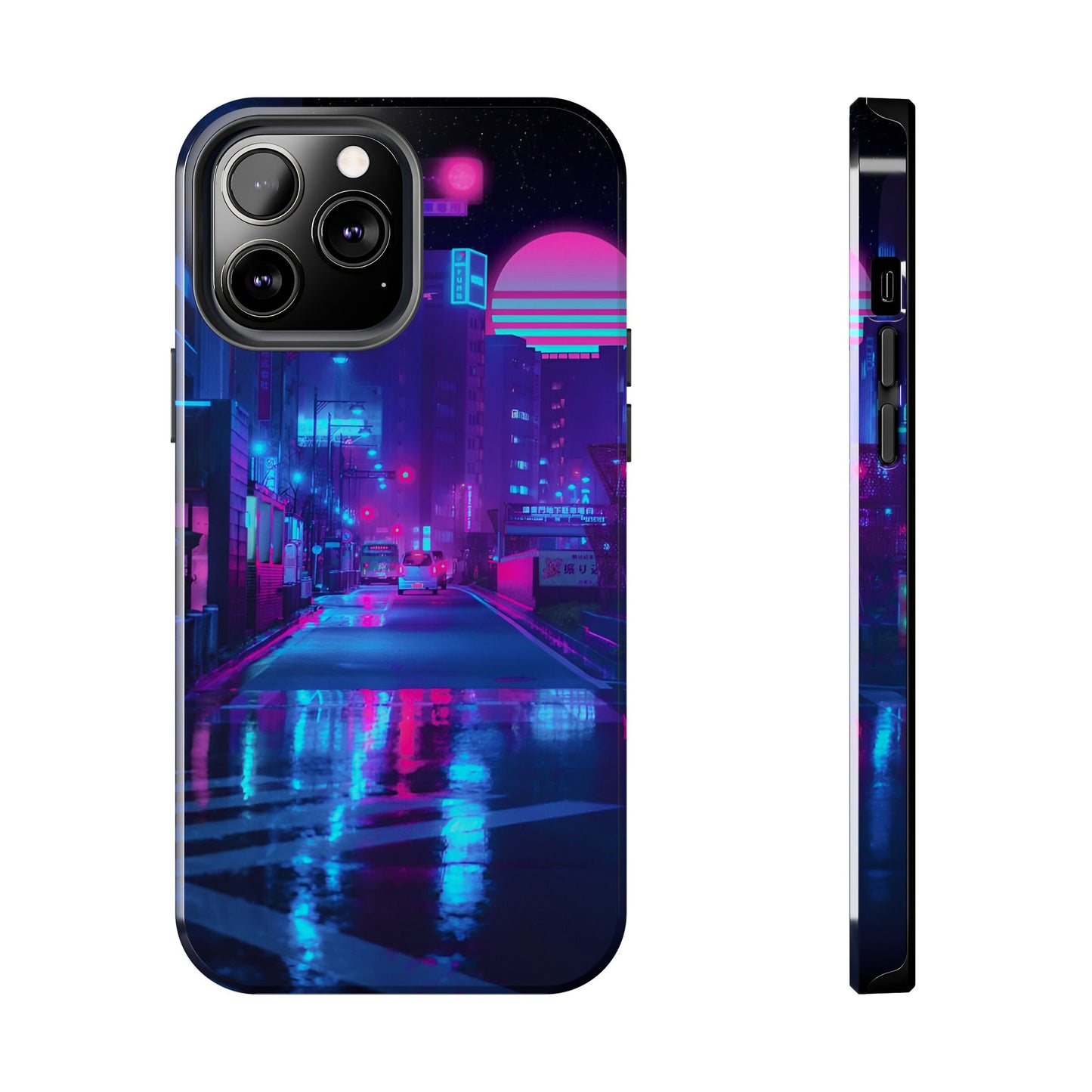 Cyberpunk Street, Dystopian Cyberpunk themed Phone Case with Lofi Aesthetic and Robotic Vaporwave Landscape