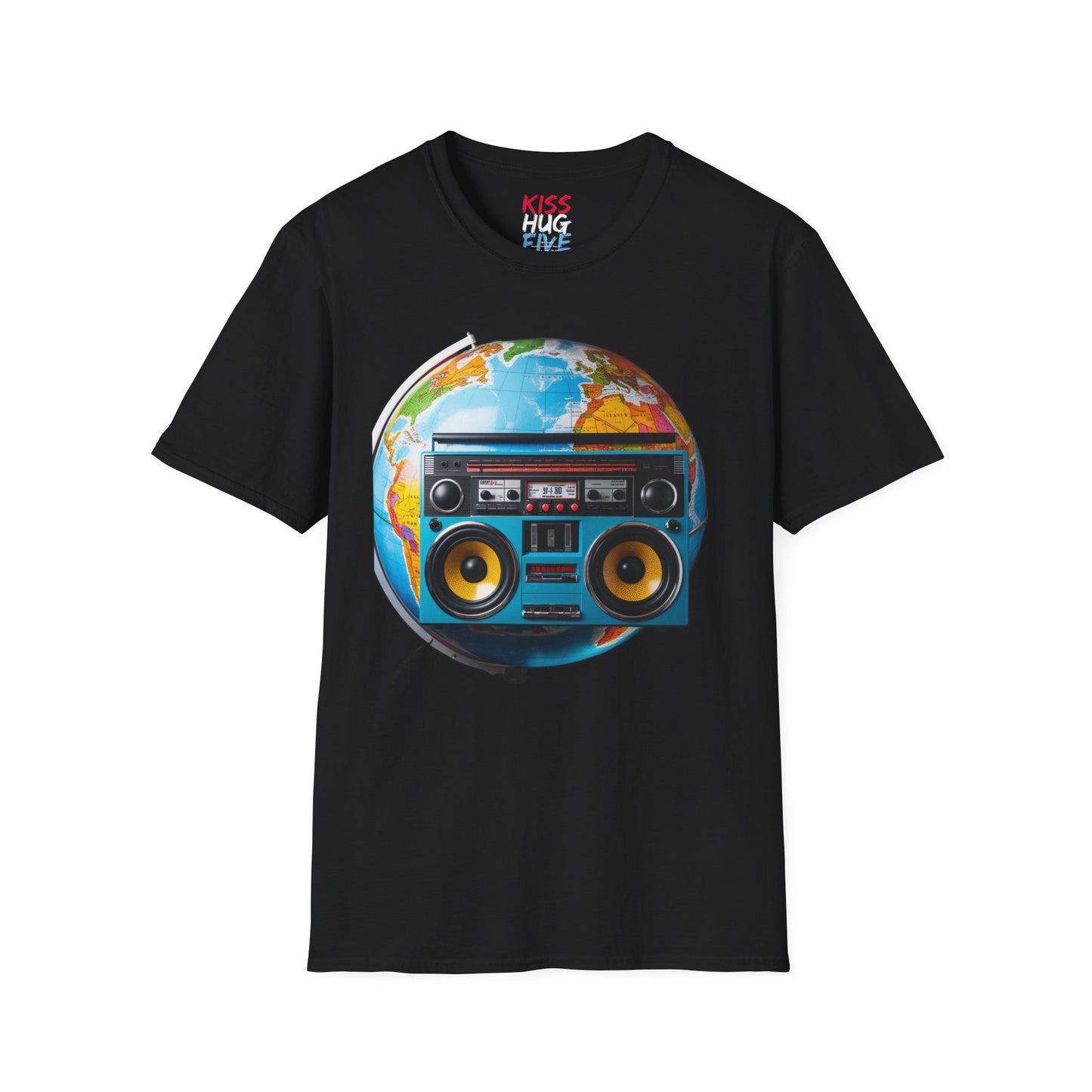 World Globe Travel Map and 1980s Boom Box - Nostalgia Mashup Travel Wear Tee