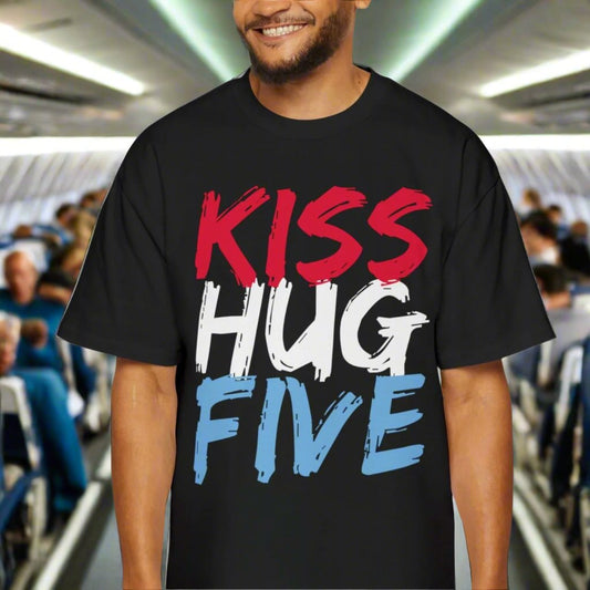 KissHugFive Red, White and Light Blue Men's Heavy Oversized Travel Tee, Front and Back Printing