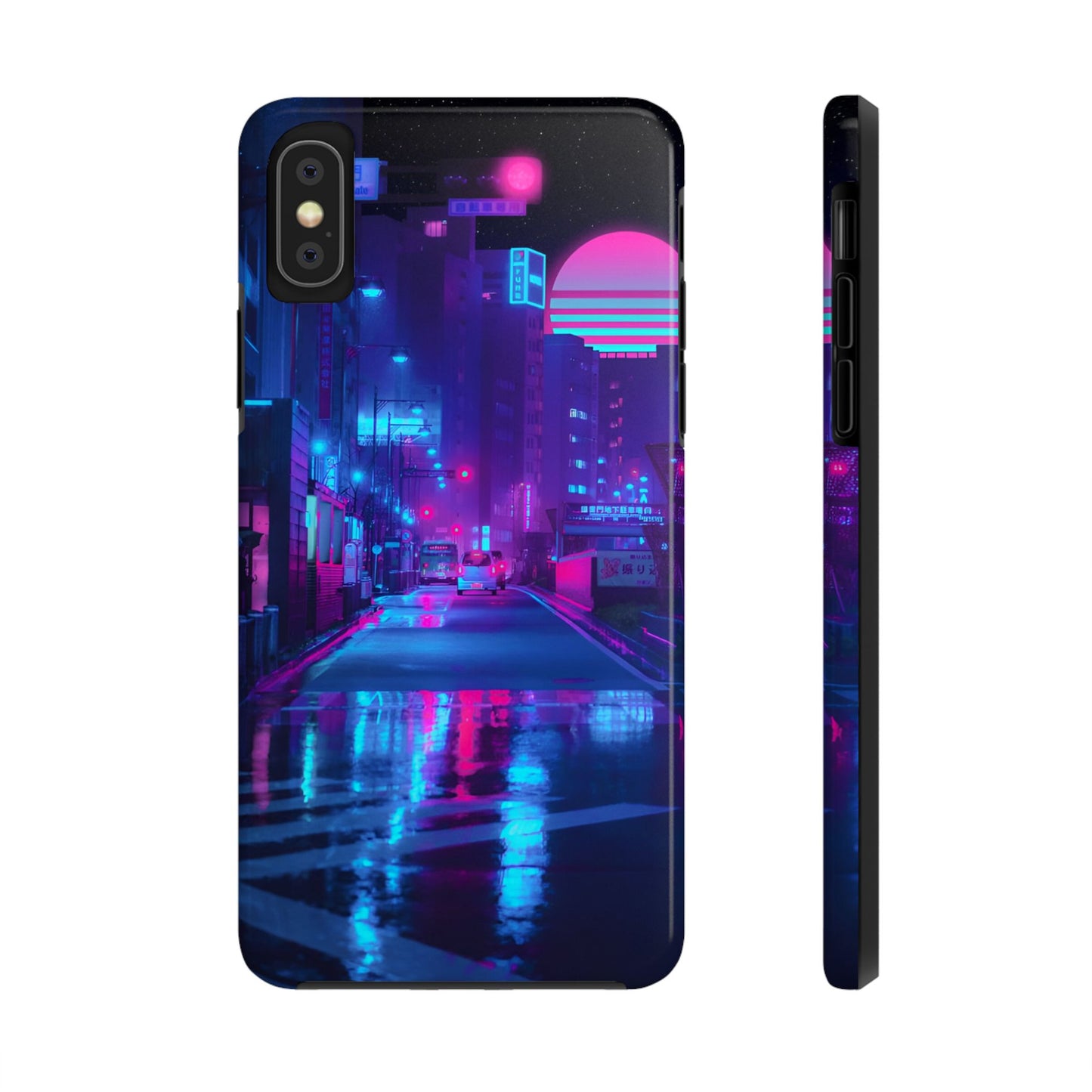 Cyberpunk Street, Dystopian Cyberpunk themed Phone Case with Lofi Aesthetic and Robotic Vaporwave Landscape