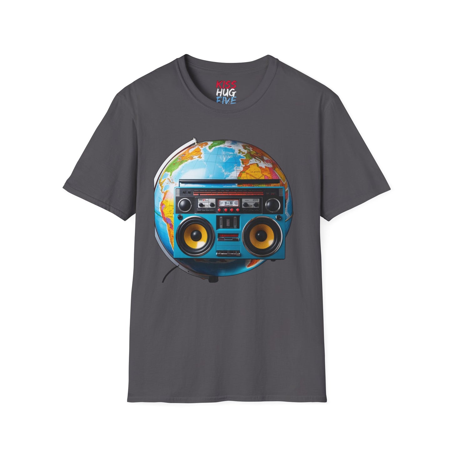 World Globe Travel Map and 1980s Boom Box - Nostalgia Mashup Travel Wear Tee