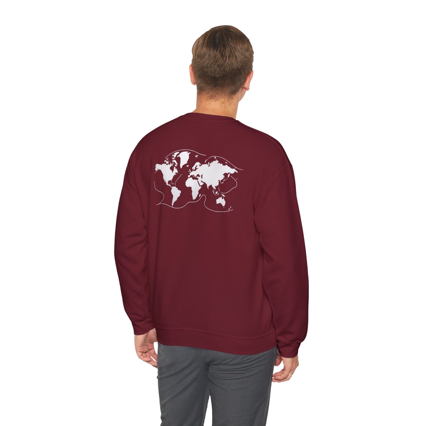 Crewneck World Map Sweatshirt- "I Get Around" Travel Lover, Front and Back Design