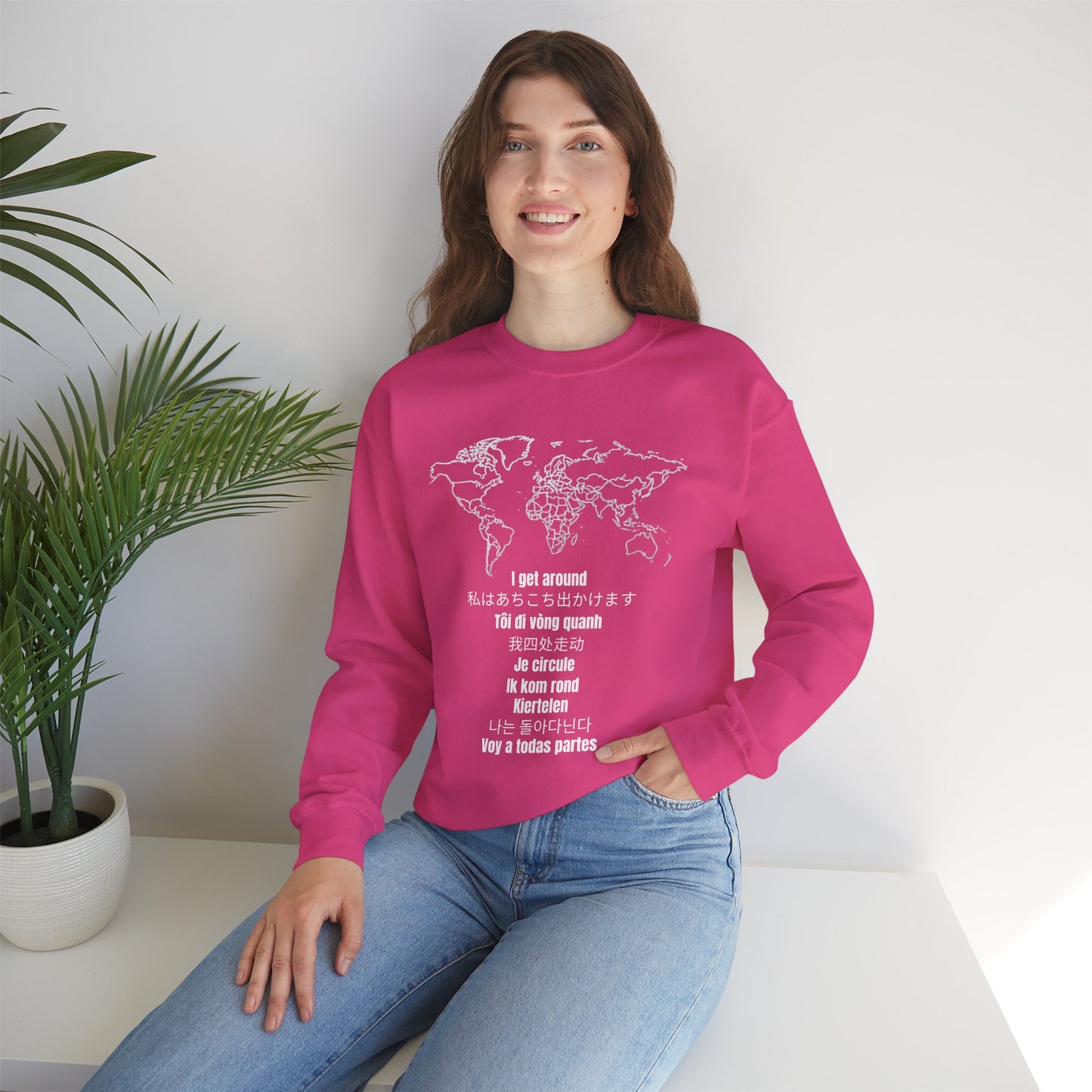 Crewneck World Map Sweatshirt- "I Get Around" Travel Lover, Front and Back Design