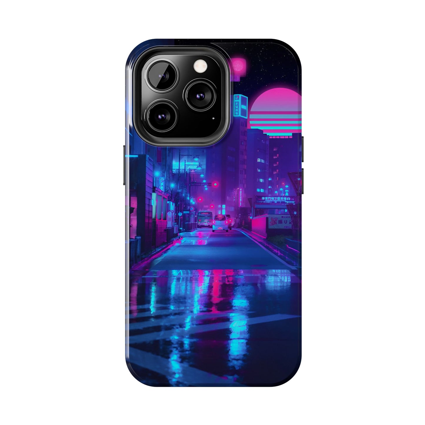 Cyberpunk Street, Dystopian Cyberpunk themed Phone Case with Lofi Aesthetic and Robotic Vaporwave Landscape