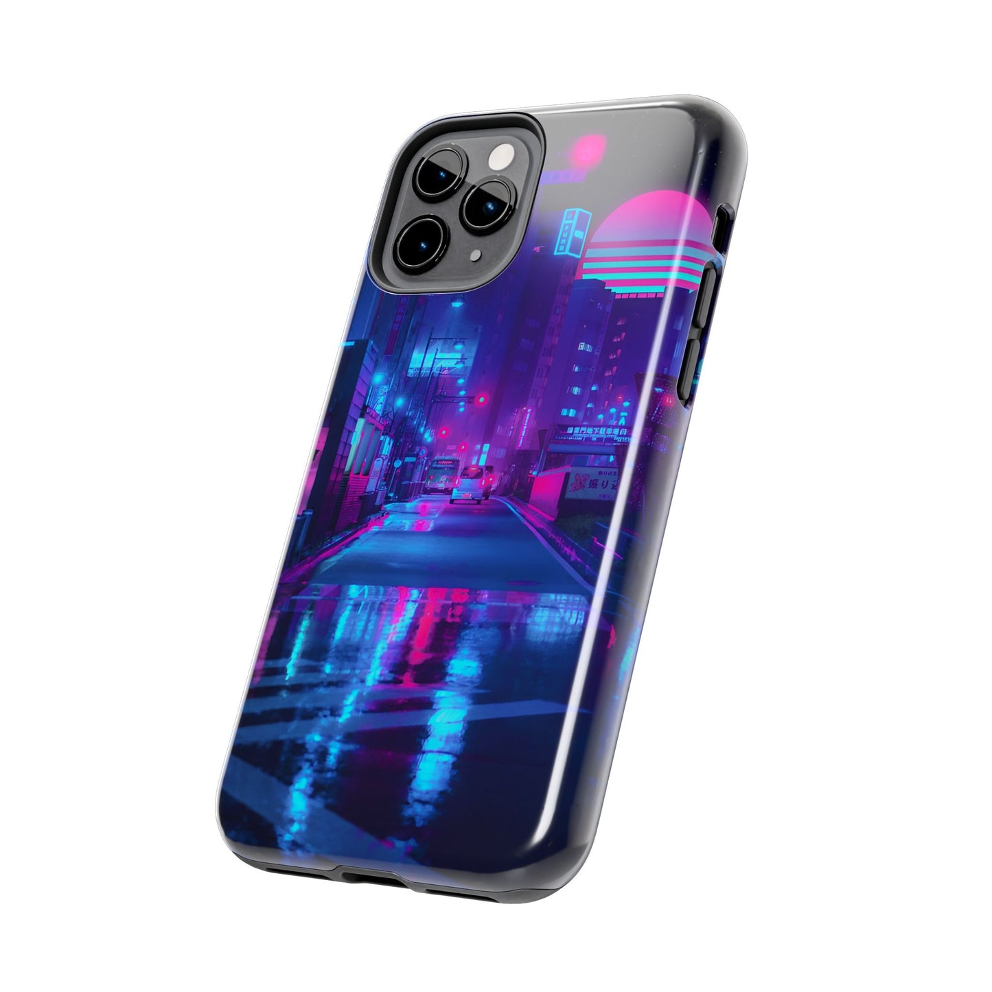 Cyberpunk Street, Dystopian Cyberpunk themed Phone Case with Lofi Aesthetic and Robotic Vaporwave Landscape