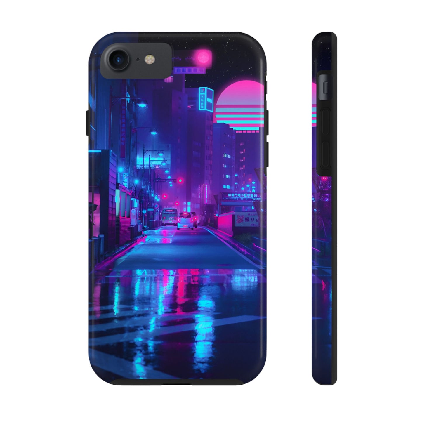 Cyberpunk Street, Dystopian Cyberpunk themed Phone Case with Lofi Aesthetic and Robotic Vaporwave Landscape