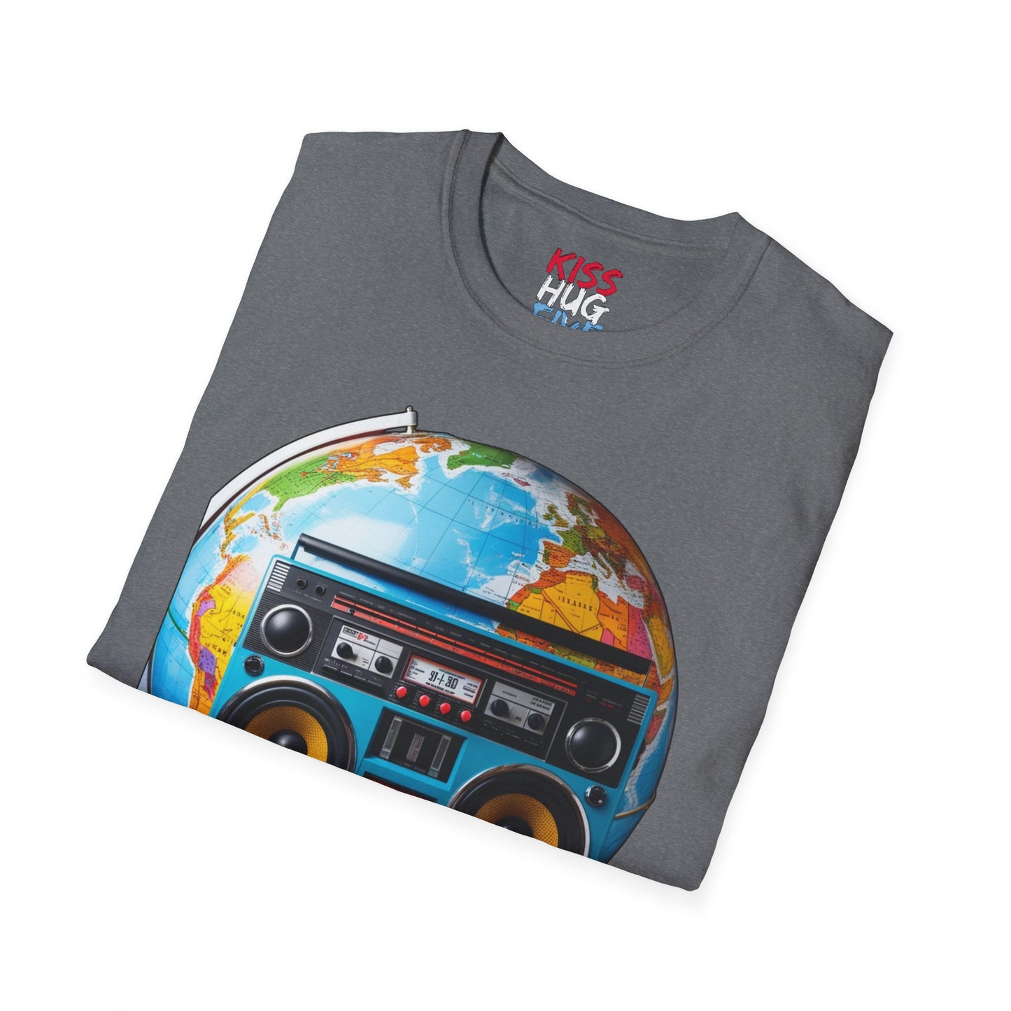 World Globe Travel Map and 1980s Boom Box - Nostalgia Mashup Travel Wear Tee