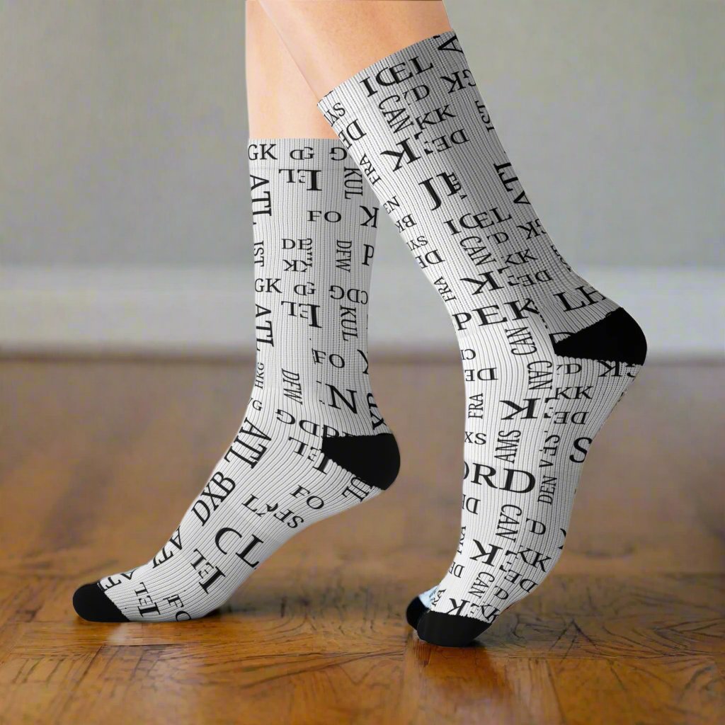 Conversation Starting Cushy Travel Socks With Airport Code Pattern