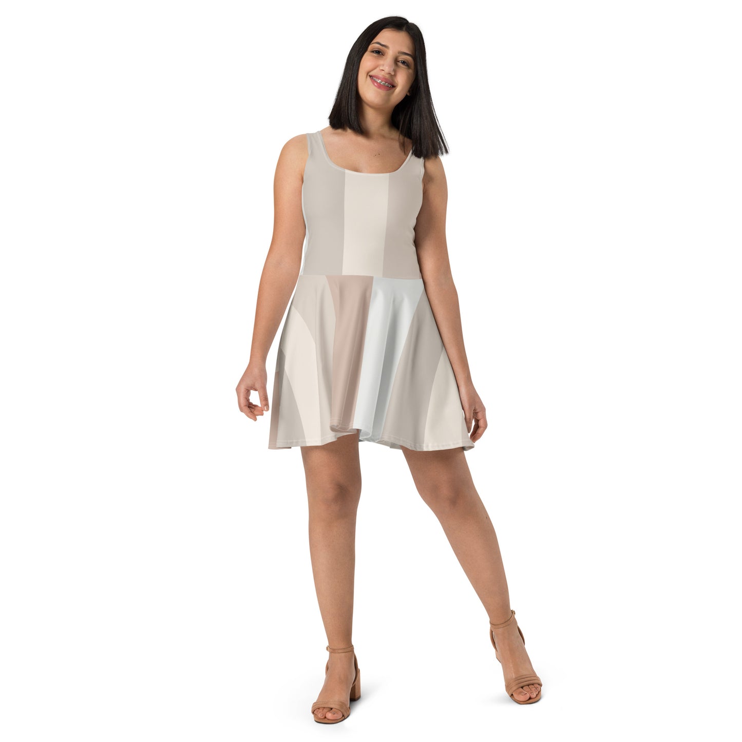 Minimalist Earth Tone Natural, Soft, Sleeveless Skater Dress, Flared Skirt