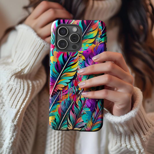 Feather Art, Vivid Color Ink Drip Phone Case, Fusion of Vaporwave and Pastel Colors