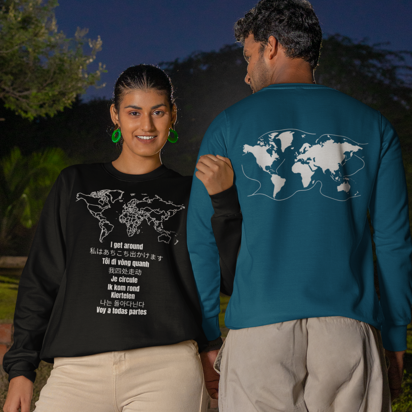 Crewneck World Map Sweatshirt- "I Get Around" Travel Lover, Front and Back Design