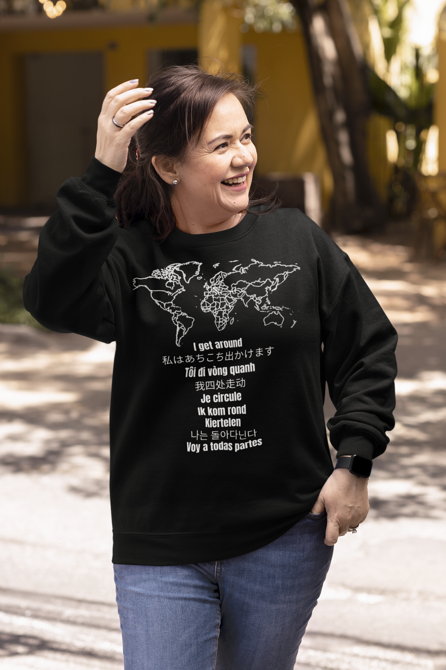 Crewneck World Map Sweatshirt- "I Get Around" Travel Lover, Front and Back Design