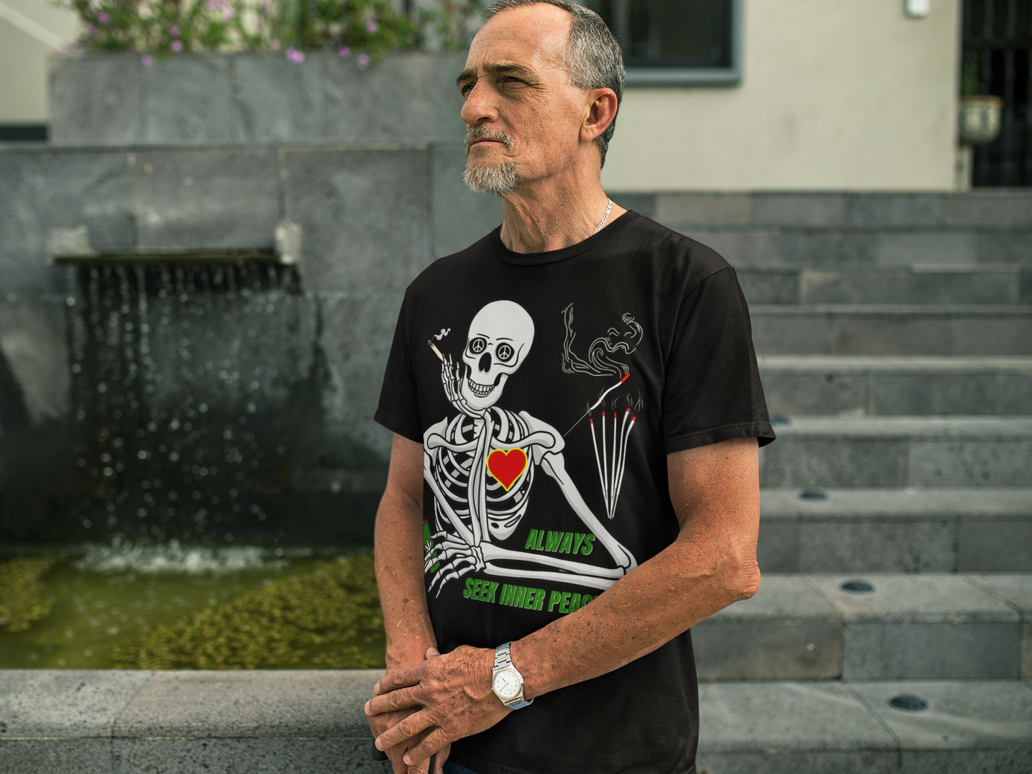 Seek Inner Peace, Weed-Smoking Halloween Skeleton Tee